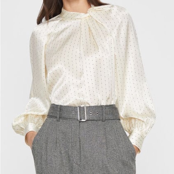 Club Monaco Cream Micro Dot Long Sleeve Mock Neck Twisted Drape Blouse Size L - Picture 1 of 7
